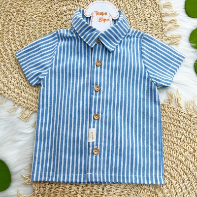 Conj Camisa de Botão e Short em Linho listrado Azul